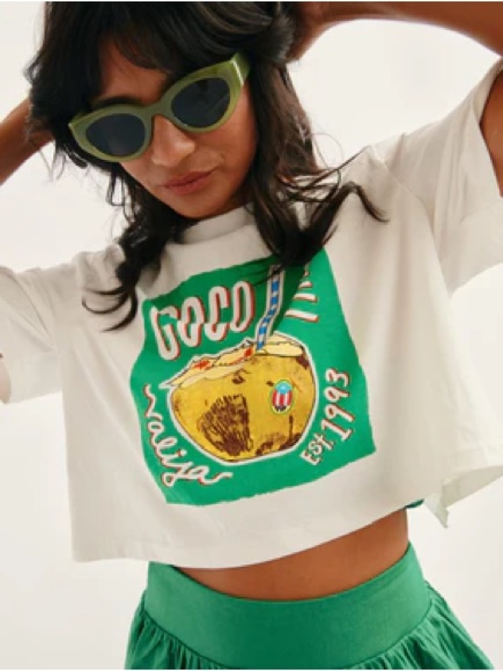 White Crop Graphic Tee with Green Fruit Print